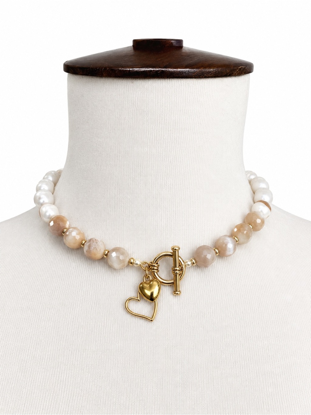 Handmade Gold Beige White Glass Bead Freshwater Pearl Choker Necklace Toggle